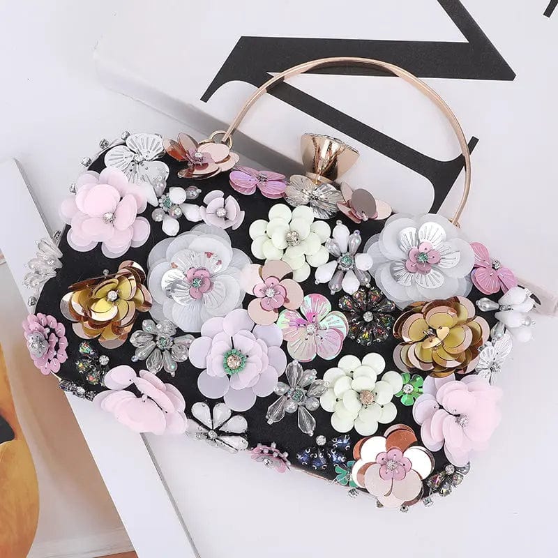 black High End Hand Made Clutch Bags Manufacturer Exquisite Appliques Beaded Flower Purse Lady Handbags Luxury Evening Bags Purses