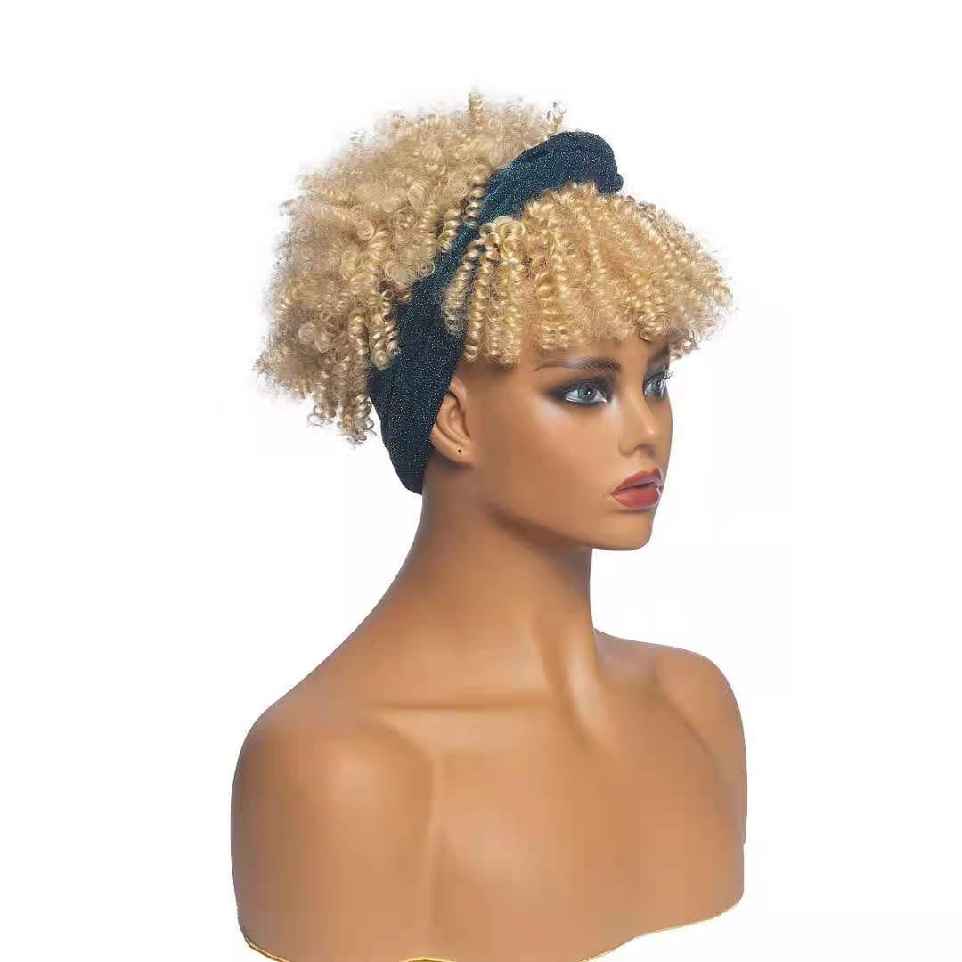 Black New fashion short kinky curl Afro style high quality fibers  Human Hair Headband Wig low MOQ wholesale