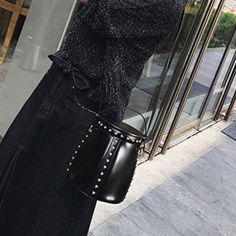 black New style Handbags with Rivets Shoulder Bag Black Women Bucket Bag