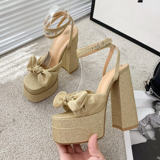 Bling Sequin Material Sandalias Con Tacon Bow Chunky Lace up 2023 Women Shoes Strappy Heels