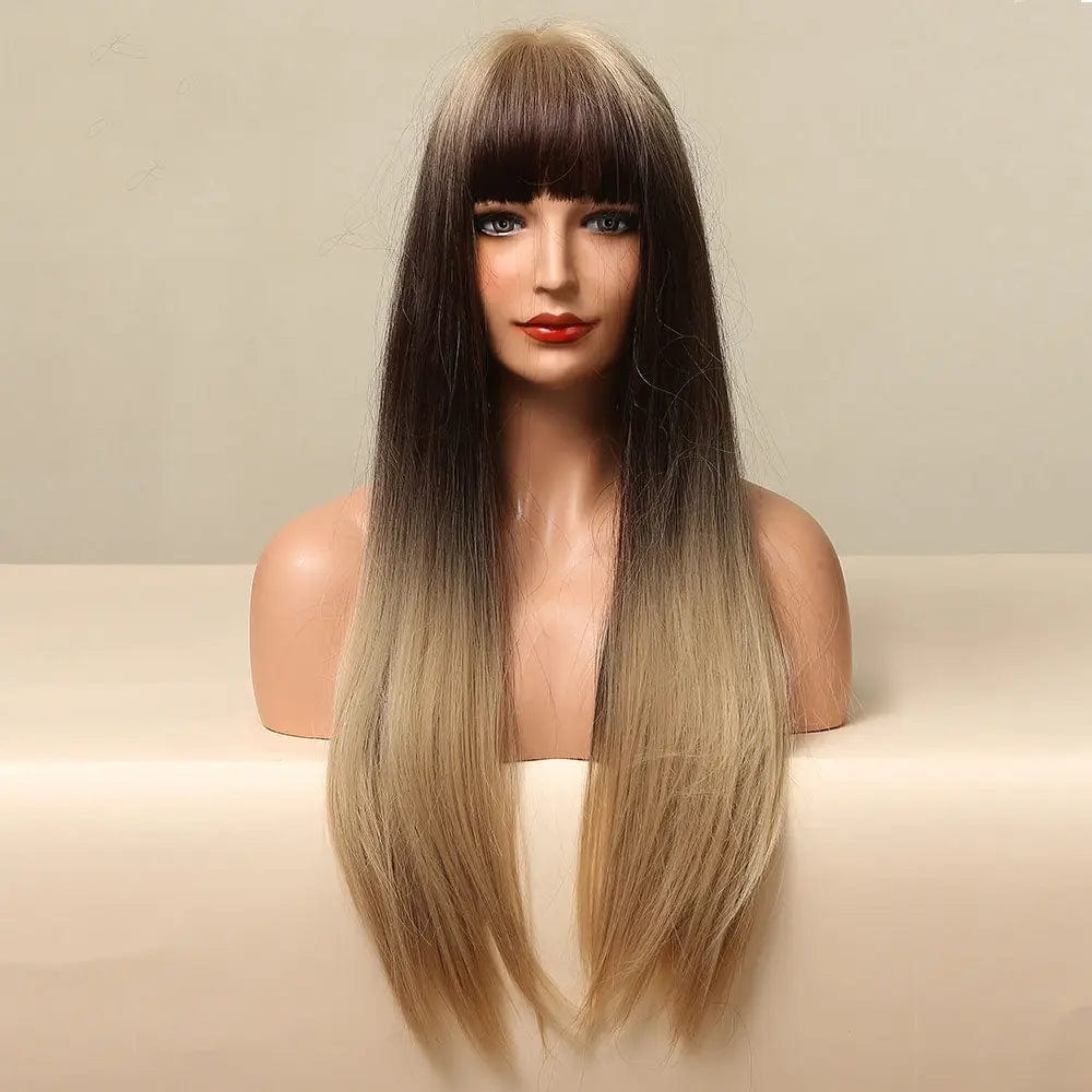 Blonde Dark Brown Wigs with Full Bangs Wigs