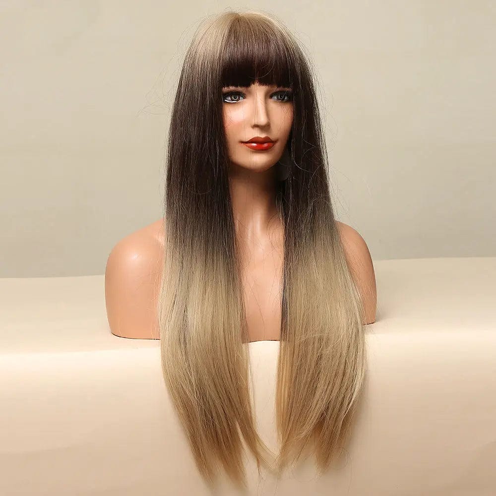 Blonde Dark Brown Wigs with Full Bangs Wigs