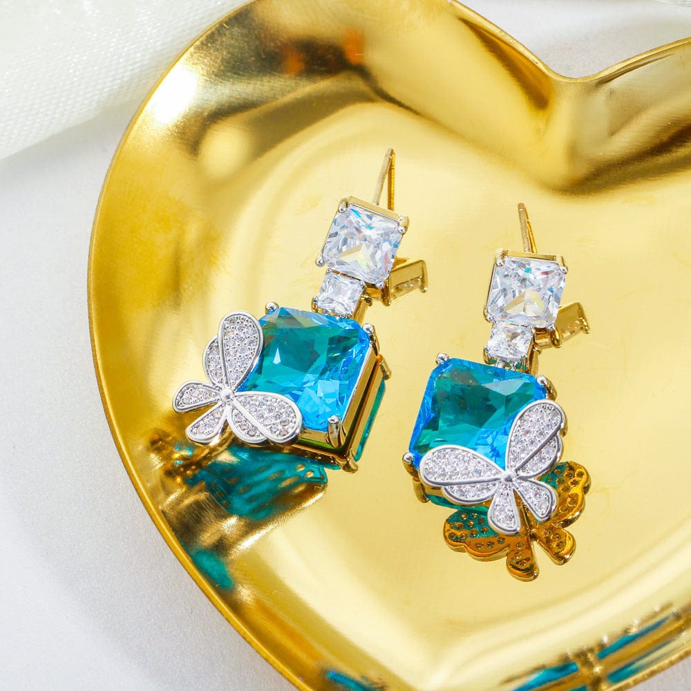 Blue-E0853-QianLan New Style Dangle Drop Topaz Square Cubic Zirconia Light Blue Cute Butterfly Earrings for Women Elegant Daily Party CZ Jewelry