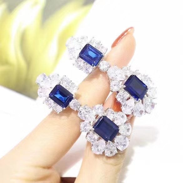 Blue Fashion jewelry emerald  rhinestone dangling earrings women wholesale 925 silver cz stud earrings for party