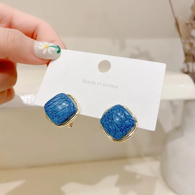 Blue New Original Retro Acrylic Inlaid Turquoise Square Stud Earrings Exquisite Small Simple Ladies Silver Jewelry