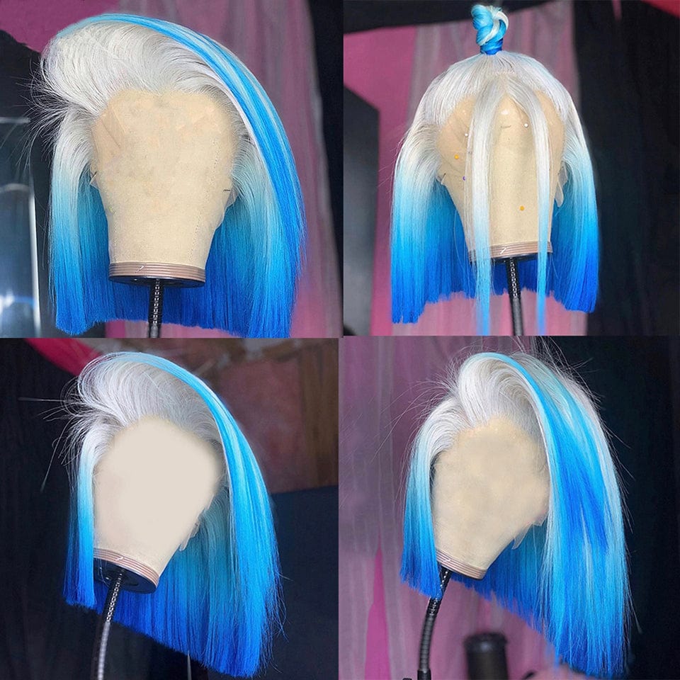 Blue Ombre Straight Lace Front Wig Short Bob 613 Lace Front Human Hair Wigs For Women Human Hair Pre Plucked 4x4 Closure Wig