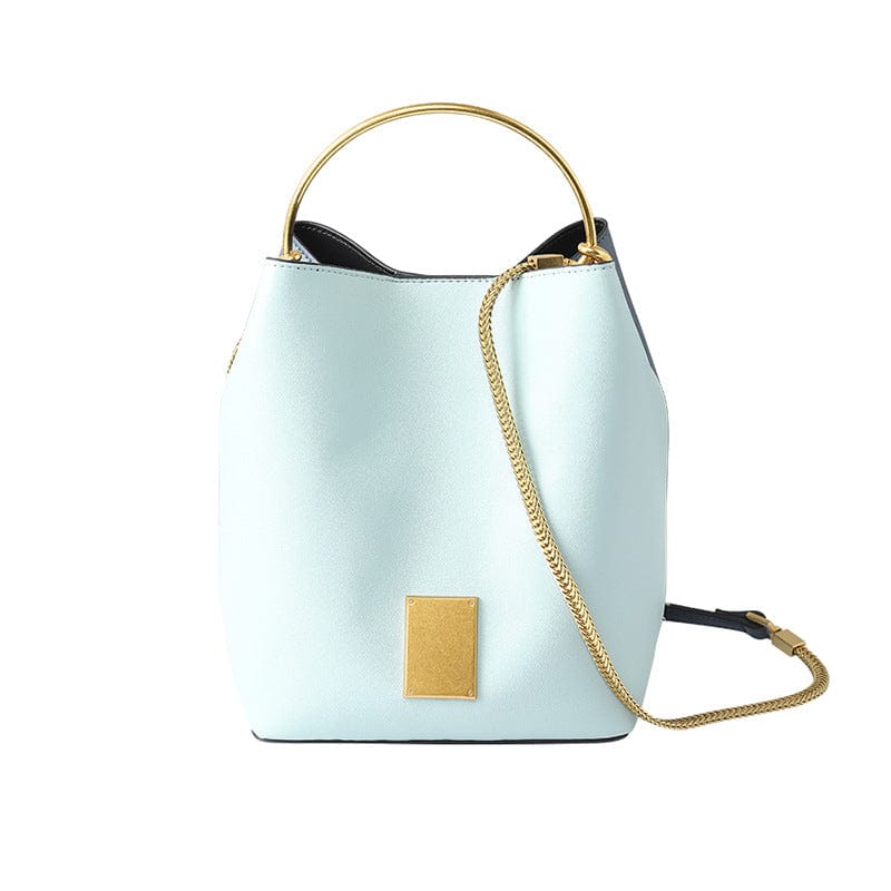 blue Patchwork Chain Women Leather Bucket Bag Handbag with Metal Handle Shoulder Bag