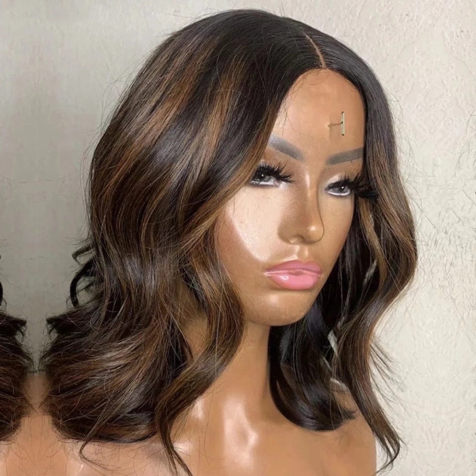 Bob Peruvian Highlight Brown Body Wave 200 Density Human Hair Wigs Baby Hair Pre Plucked Glueless 5X5 Lace Closure Wig For Women