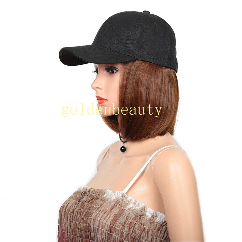 Bob style short Hat wigs with Synthetic Hair Extension straight hair All-in-one Female  Hat Cap Wig