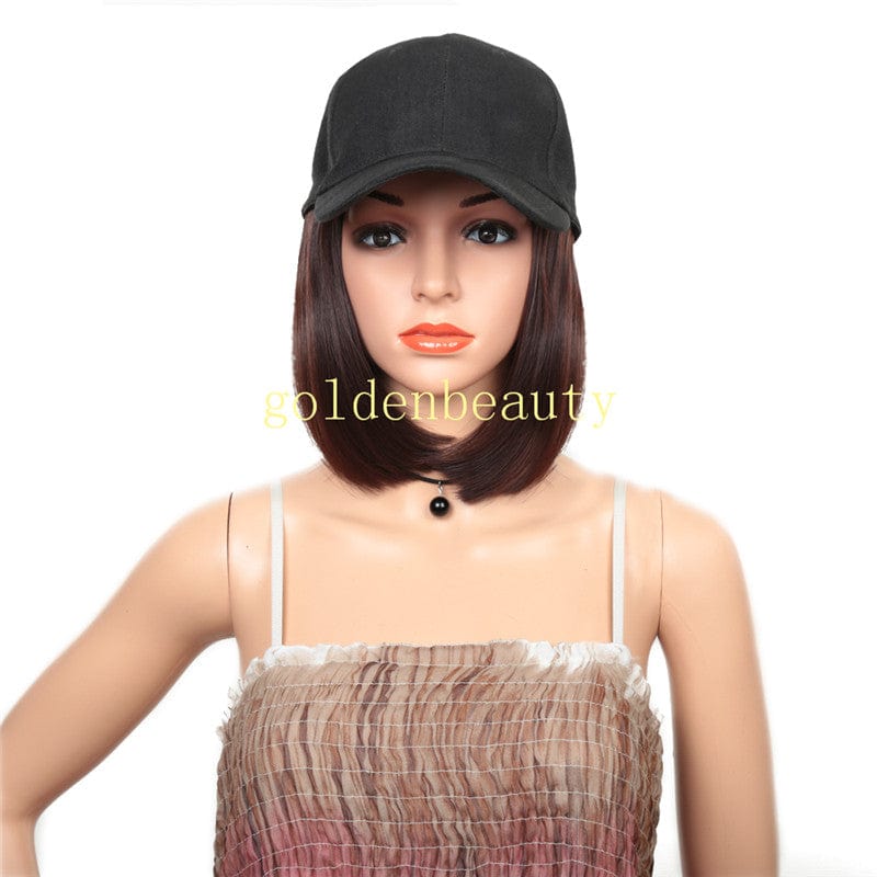 Bob style short Hat wigs with Synthetic Hair Extension straight hair All-in-one Female  Hat Cap Wig