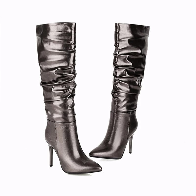 Boots Knee High Leather 2023 Pointed Toe Thigh High Wrinkle Boots Sexy Party Slip-On Long Botas Mujer Silver Gold Women Shoes