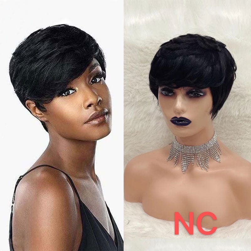 Brazilian 100% Human Hair Pixie Cut Short Full Machine Made Wigs With Bangs For Black Women