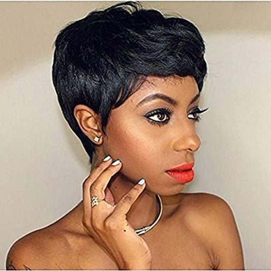 Brazilian 100% Human Hair Pixie Cut Short Full Machine Made Wigs With Bangs For Black Women