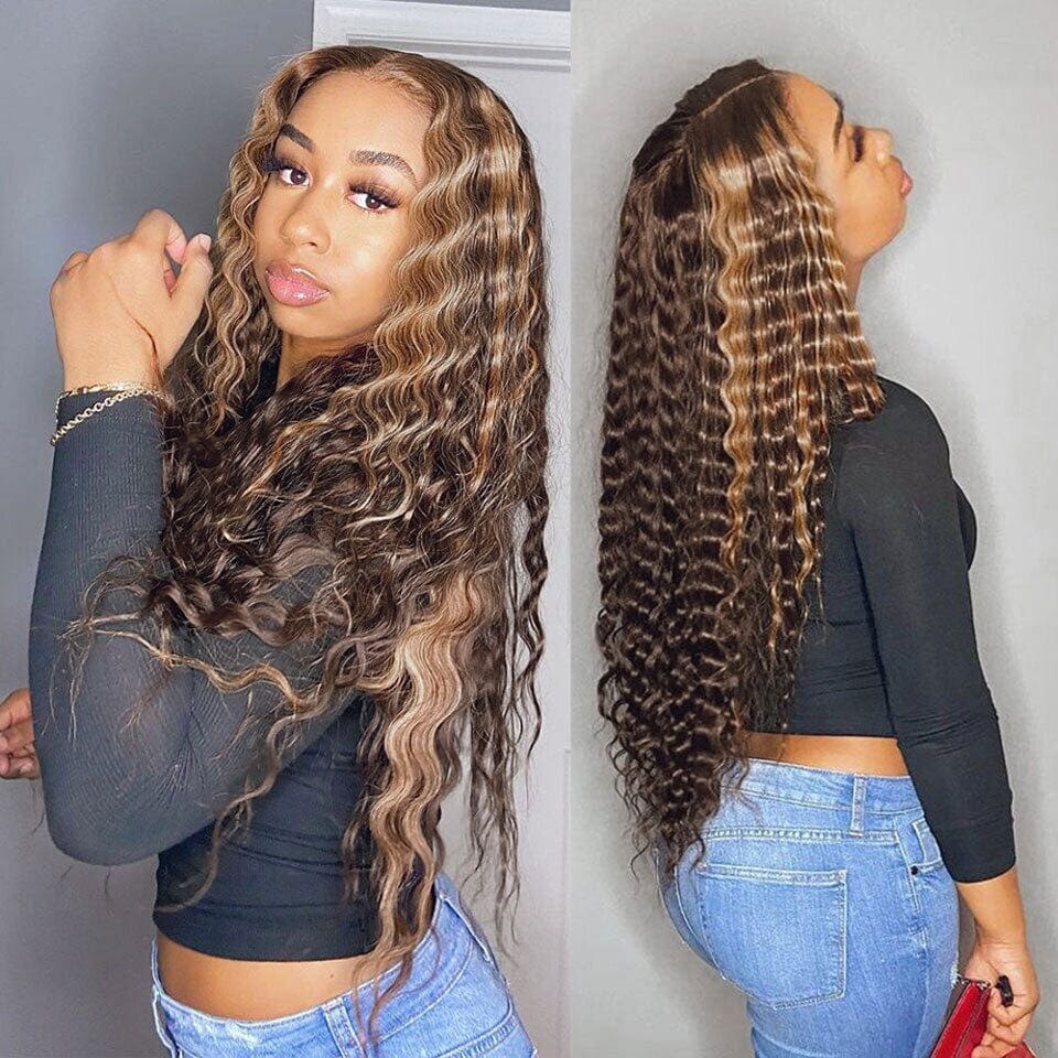 Brazilian Highlight Honey Blonde Pre-plucked Virgin Human Hair Deep Wave Lace Frontal Wigs For White and Black Women