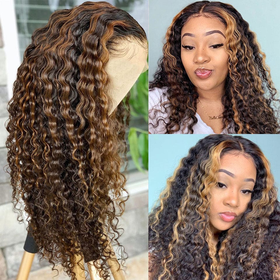 Brazilian Highlight Honey Blonde Pre-plucked Virgin Human Hair Deep Wave Lace Frontal Wigs For White and Black Women