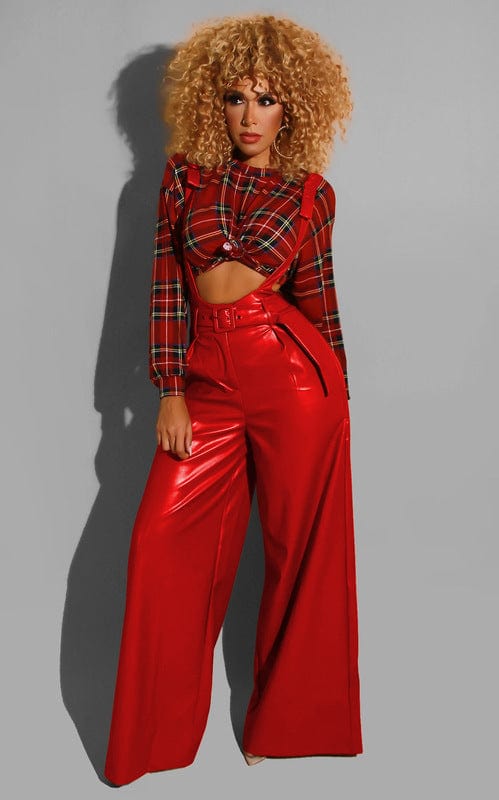 BS107043 Fashion Casual elastic PU leather High Waist Wide Leg dungarees Fall Women trousers with suspenders