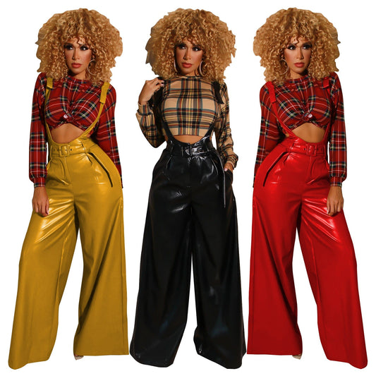 BS107043 Fashion Casual elastic PU leather High Waist Wide Leg dungarees Fall Women trousers with suspenders