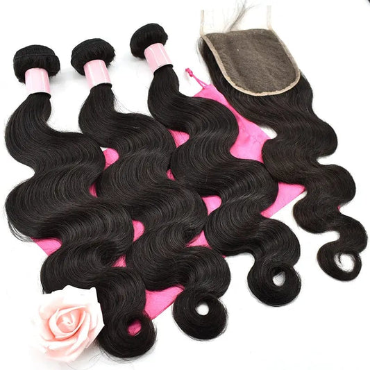 Bundle Deal 22in+24in+26in+18in Lace Closure / Natural Black 100%  natural Human Hair