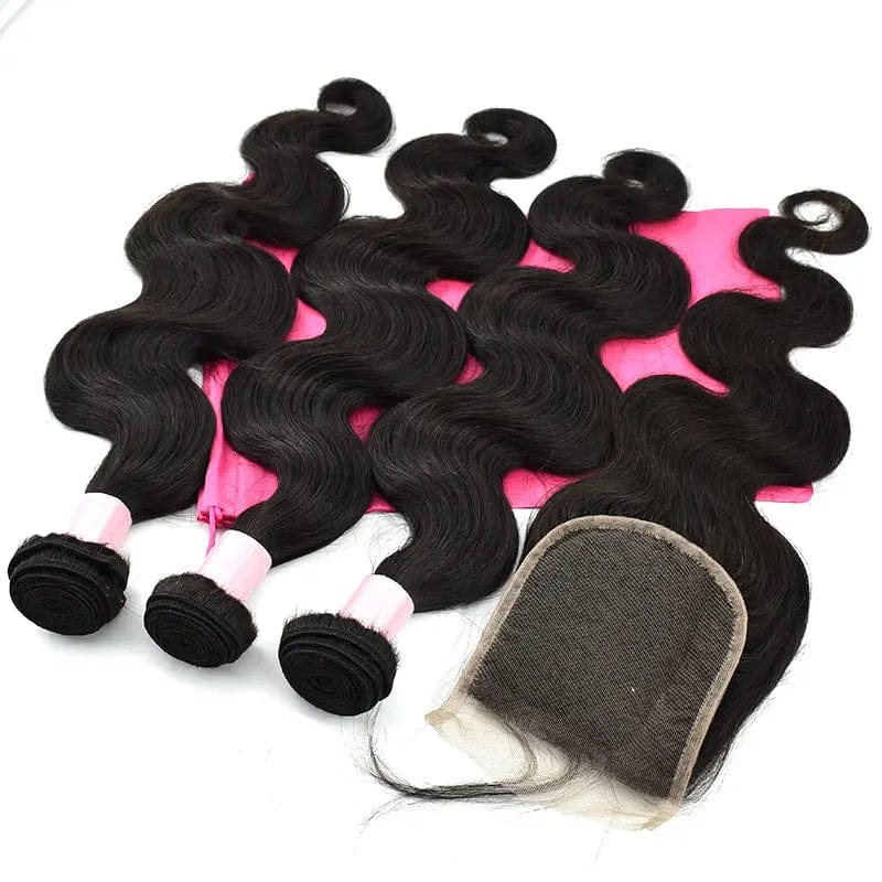 Bundle Deal 22in+24in+26in+18in Lace Closure / Natural Black Cuticle Aligned Real Human Hair