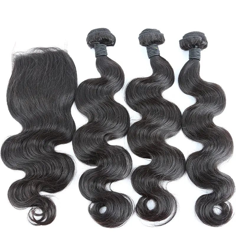 Bundle Deal 22in+24in+26in+18in Lace Closure / Natural Black Cuticle Aligned Real Human Hair