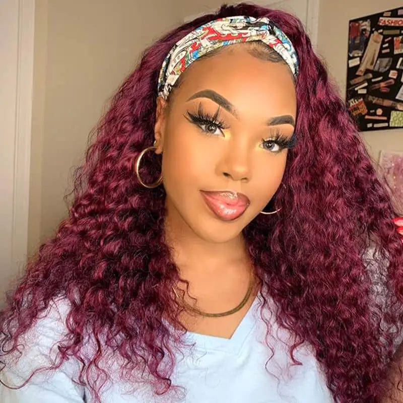 Burgundy / 12inches 99j Burgundy Deep Wave Headbands Wig