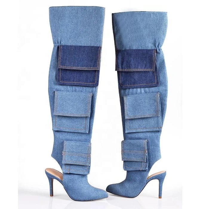 BUSY GIRL  Over Knee Boots for Women Blue Denim Fabric 43 Open Thin High Heels Pockets Autumn Ankle Boots Thigh High Long Boots