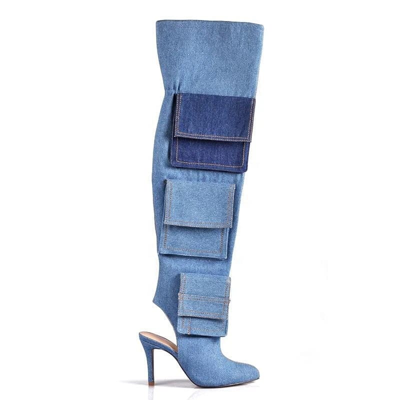 BUSY GIRL  Over Knee Boots for Women Blue Denim Fabric 43 Open Thin High Heels Pockets Autumn Ankle Boots Thigh High Long Boots