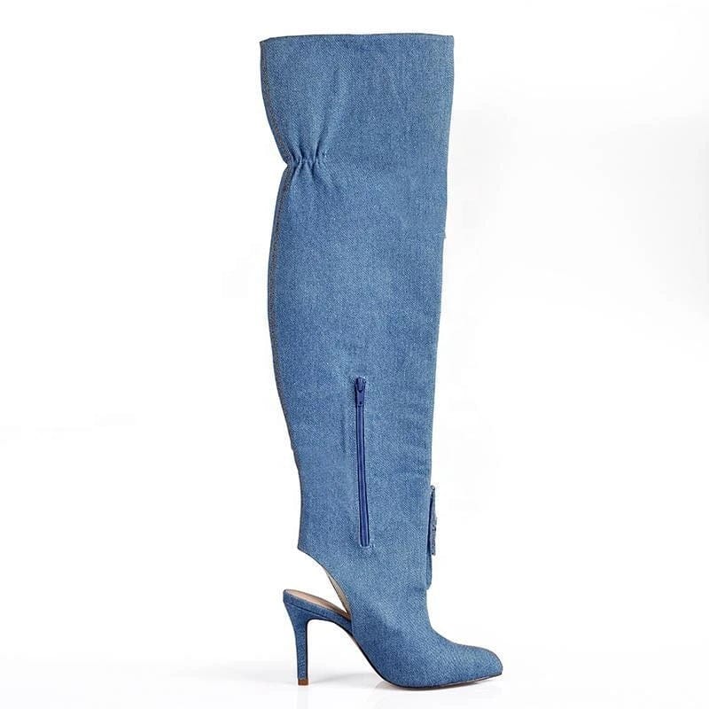 BUSY GIRL  Over Knee Boots for Women Blue Denim Fabric 43 Open Thin High Heels Pockets Autumn Ankle Boots Thigh High Long Boots