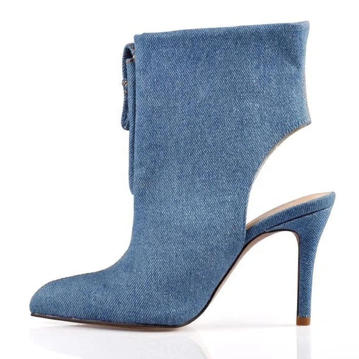 BUSY GIRL  Over Knee Boots for Women Blue Denim Fabric 43 Open Thin High Heels Pockets Autumn Ankle Boots Thigh High Long Boots