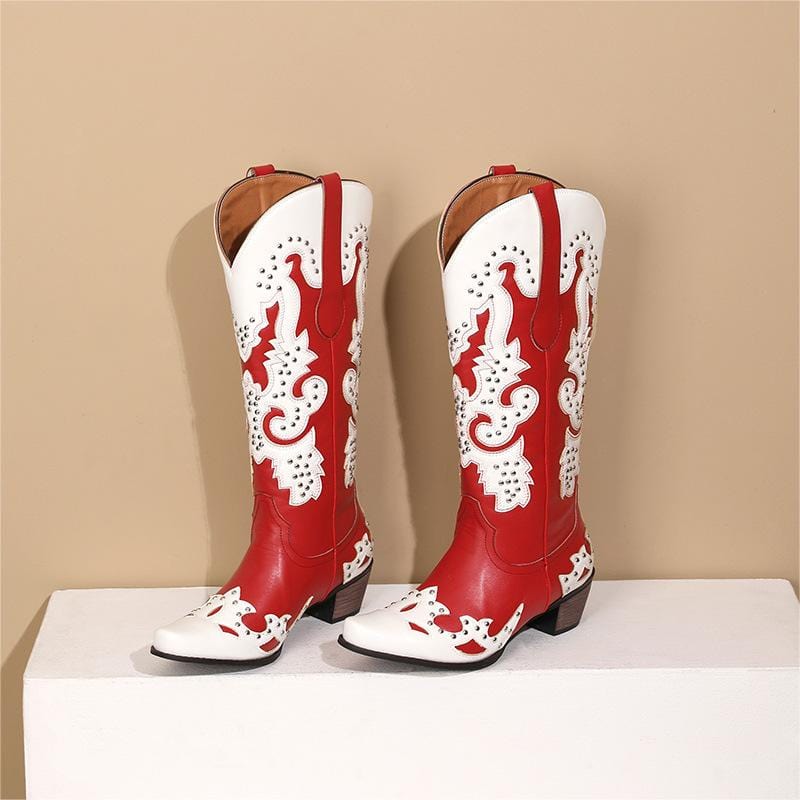 BUSY GIRL XY4844 New Fashion Rivet Western Bootie For Women Knee High Block Heels White Red Cowboy Boots