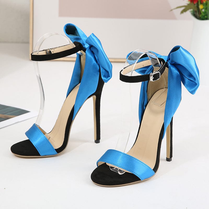 Butterfly-knot Ankle Buckle Strap Summer Blue Silk Round Toe Thin High Heel Shallow Sweet Simple Design Classics Female Sandal