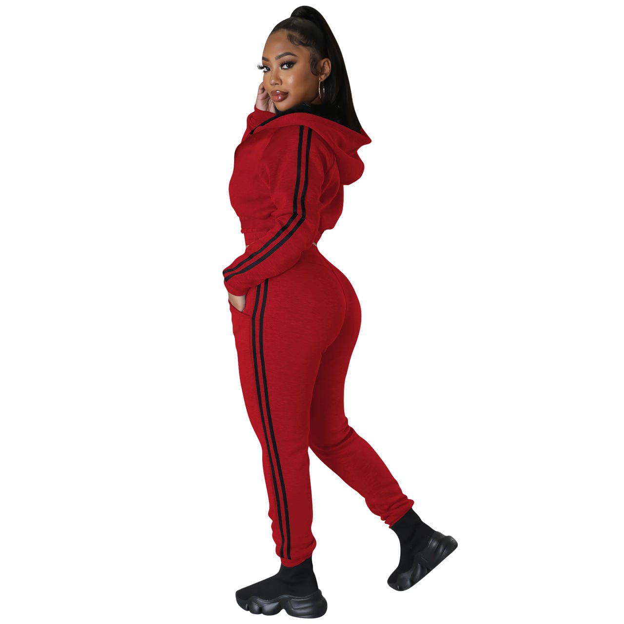 C1101TA86 New Arrival Casual Zipper Hooded Sport Two Piece Pants Set Women Sehe Fashion