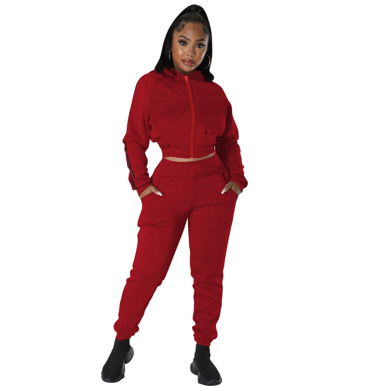 C1101TA86 New Arrival Casual Zipper Hooded Sport Two Piece Pants Set Women Sehe Fashion