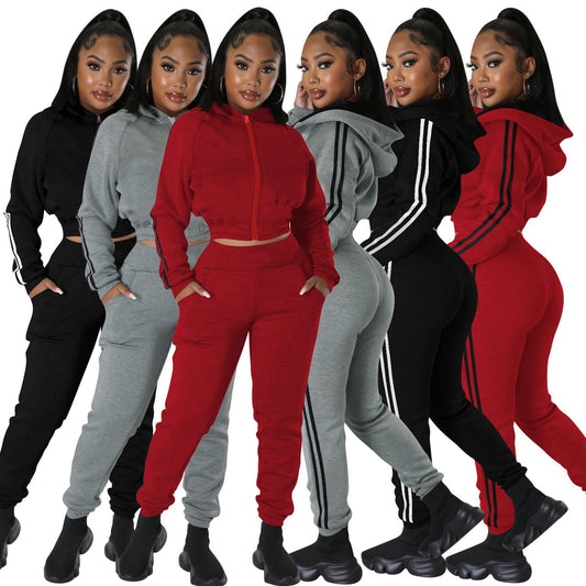 C1101TA86 New Arrival Casual Zipper Hooded Sport Two Piece Pants Set Women Sehe Fashion