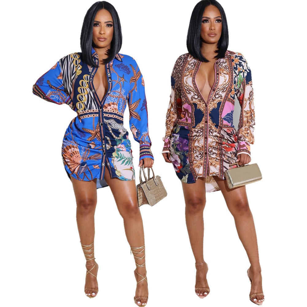 C1102ME31 Autumn Trendy Casual Long Sleeve Print Bodycon Shirt Dress Women Sehe Fashion