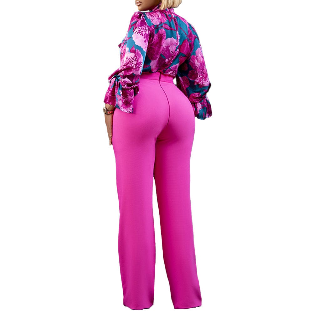 C1102ME66 High Quality Casual Floral Print Shirt Office Two Piece Pants Set Women Sehe Fashion