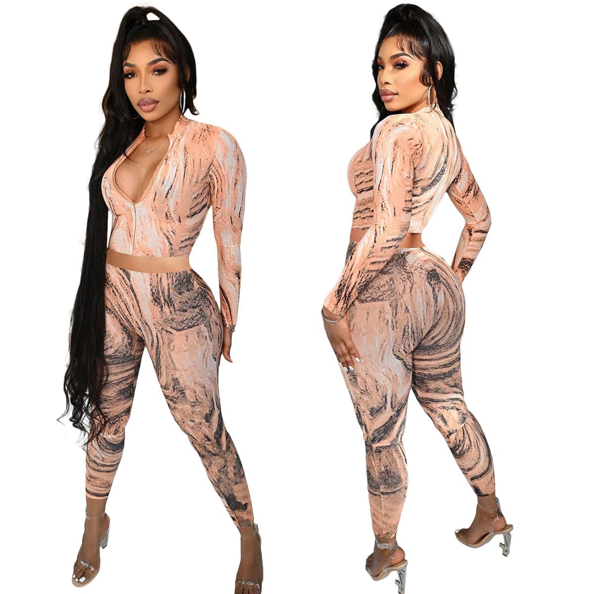 C1102TA10 New Arrival Casual Print Zipper Crop Top Bodycon 2 Piece Pants Set Women Sehe Fashion