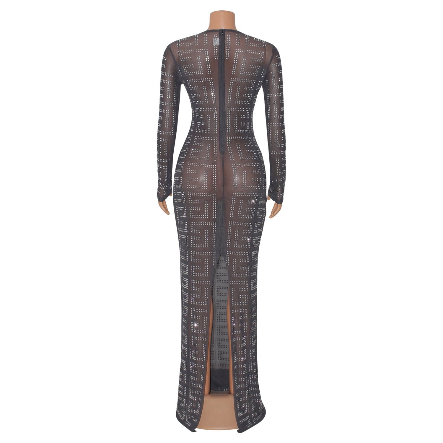 C1102TA43 High Quality Sexy Sheer Mesh Rhinestone Slit Bodycon Club Long Dress Women Sehe Fashion