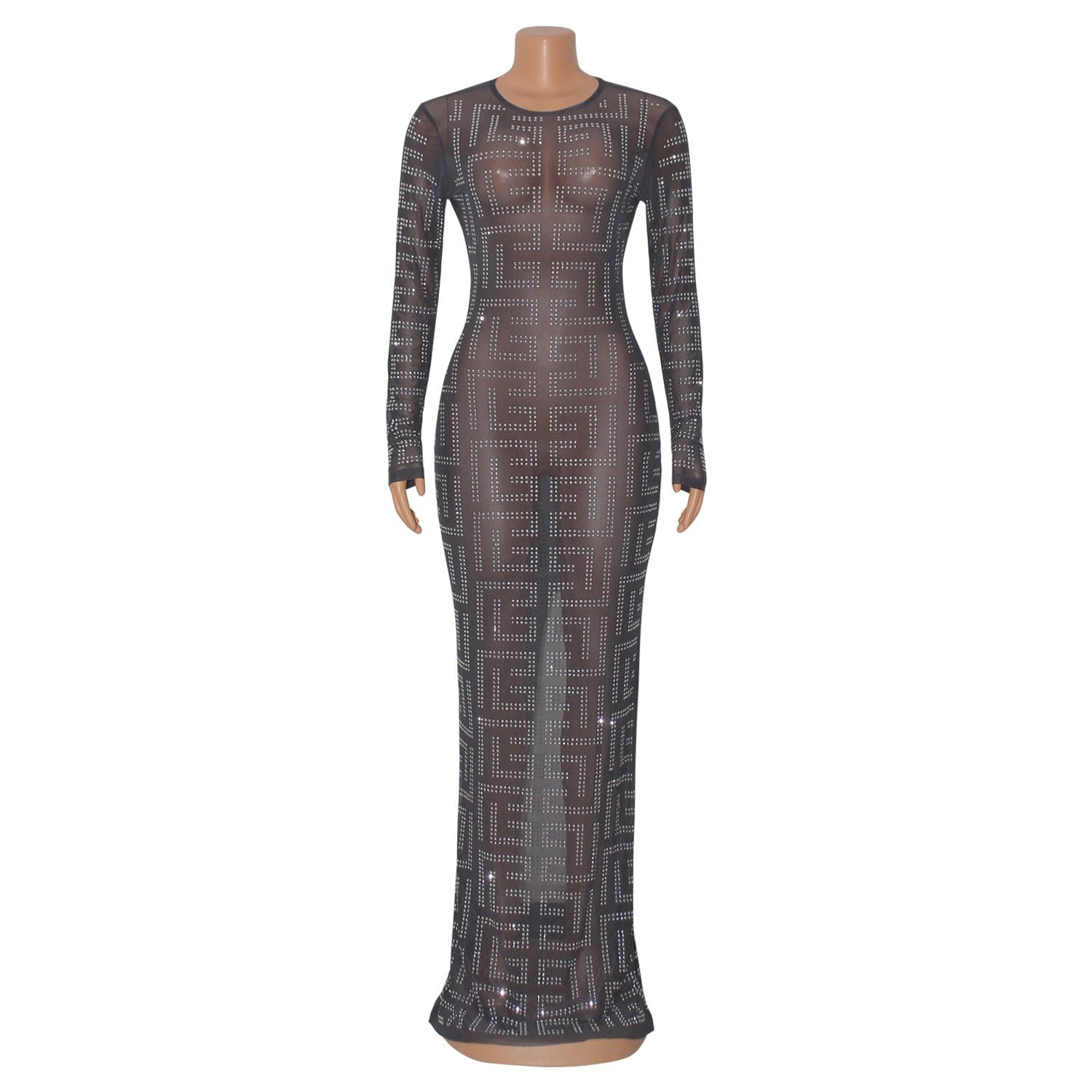 C1102TA43 High Quality Sexy Sheer Mesh Rhinestone Slit Bodycon Club Long Dress Women Sehe Fashion