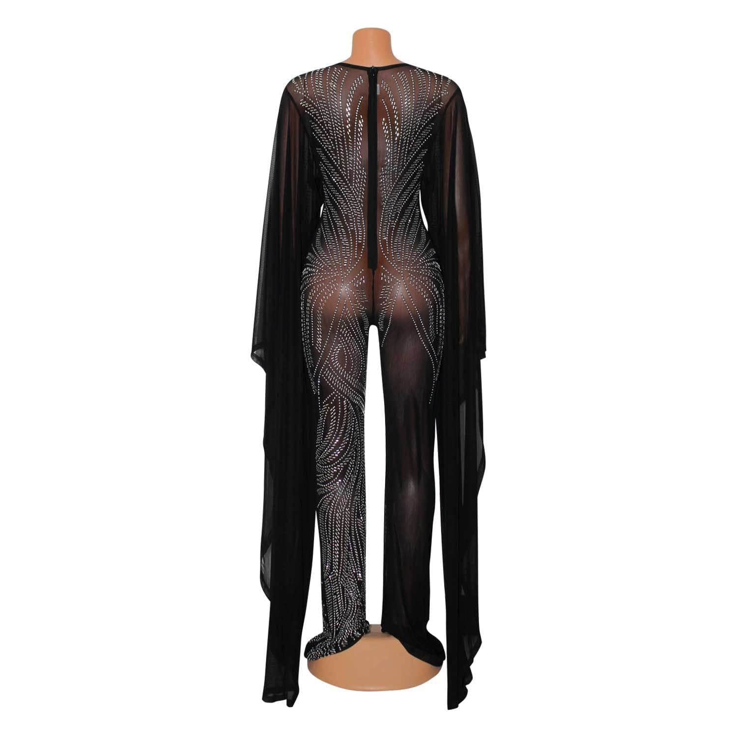 C1102TA60 Trendy Design Sexy Sheer Mesh Spliced Rhinestone Club One Piece Jumpsuit Women Sehe Fashion