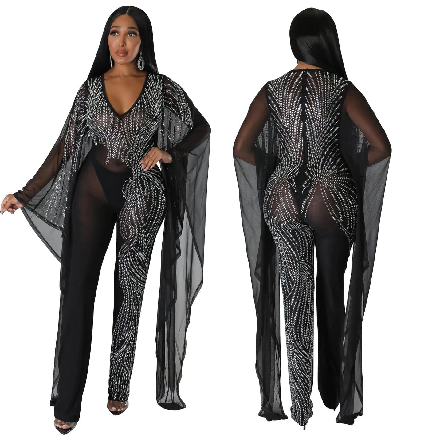 C1102TA60 Trendy Design Sexy Sheer Mesh Spliced Rhinestone Club One Piece Jumpsuit Women Sehe Fashion