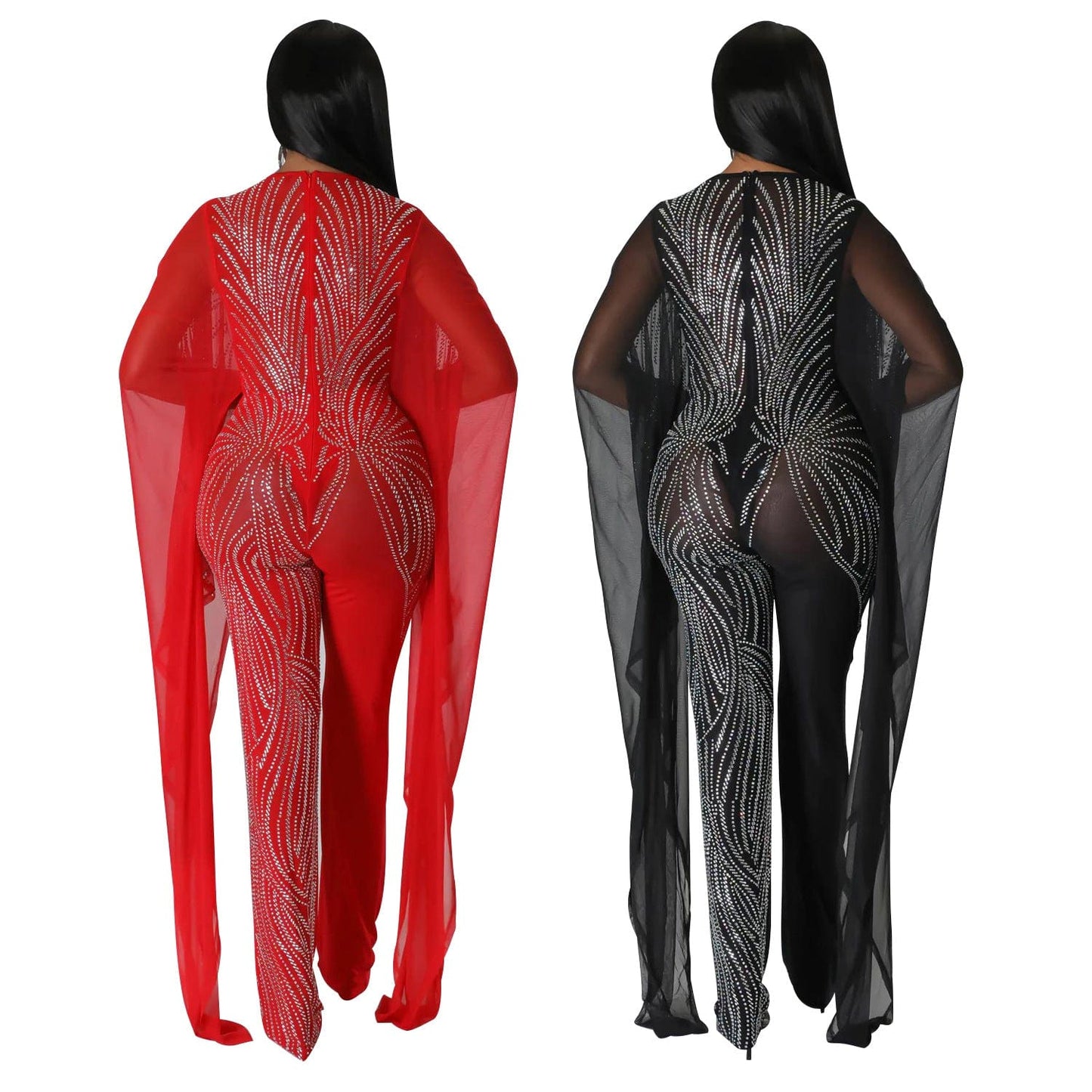 C1102TA60 Trendy Design Sexy Sheer Mesh Spliced Rhinestone Club One Piece Jumpsuit Women Sehe Fashion