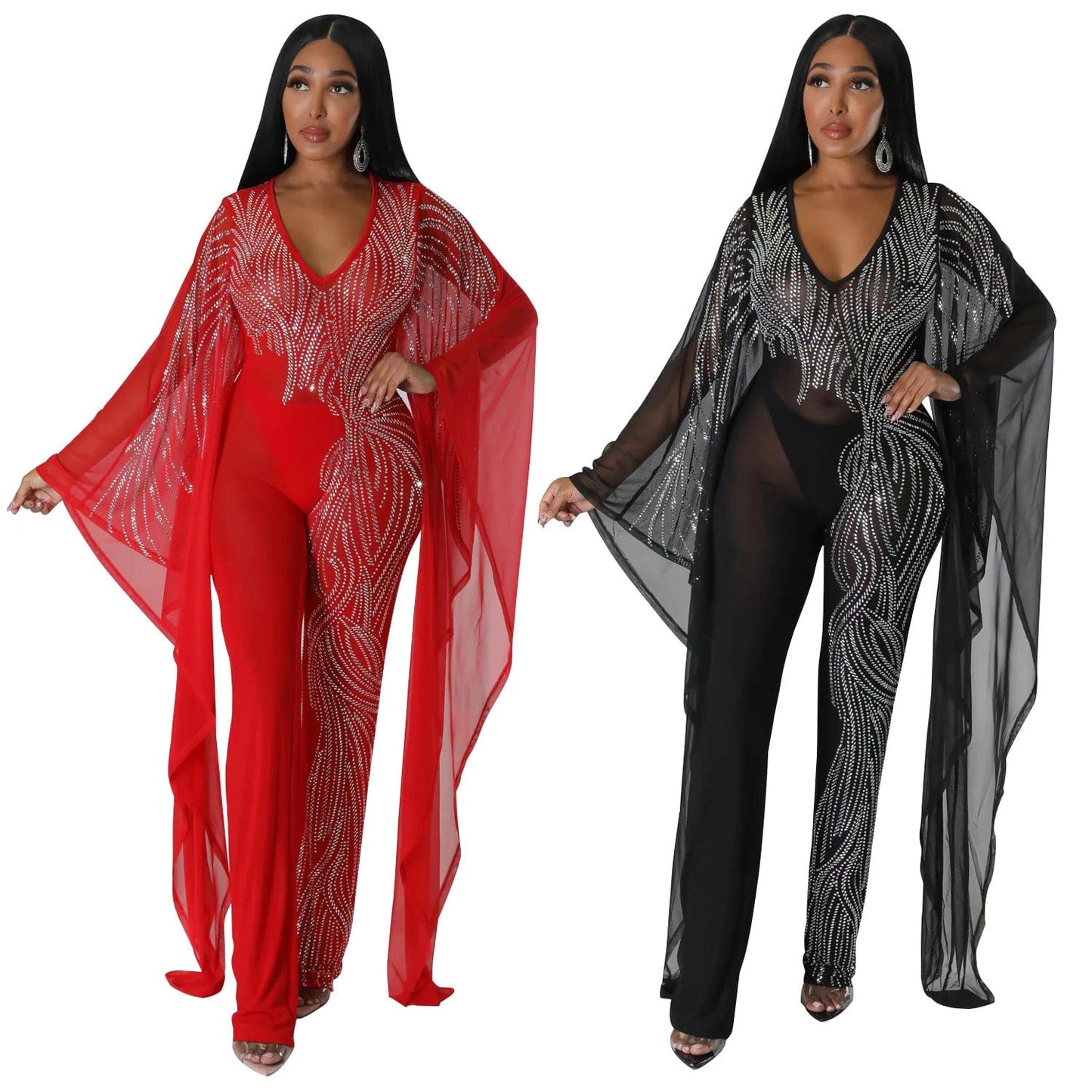 C1102TA60 Trendy Design Sexy Sheer Mesh Spliced Rhinestone Club One Piece Jumpsuit Women Sehe Fashion