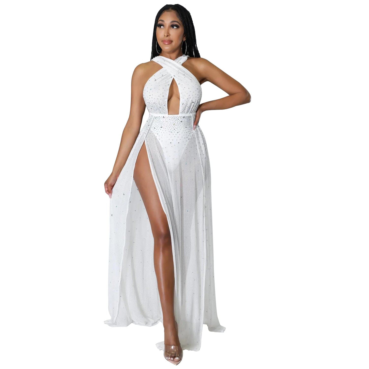 C1102TA64 New Design Sexy Hollow Out Sheer Mesh High Slit Rhinestone Club Dress Women Sehe Fashion