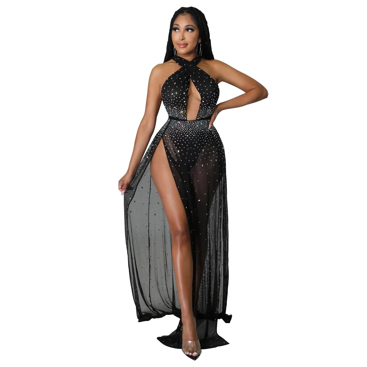 C1102TA64 New Design Sexy Hollow Out Sheer Mesh High Slit Rhinestone Club Dress Women Sehe Fashion