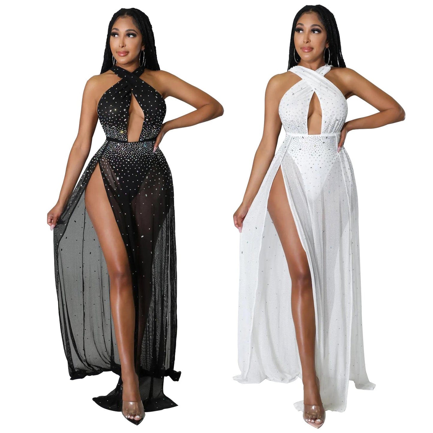 C1102TA64 New Design Sexy Hollow Out Sheer Mesh High Slit Rhinestone Club Dress Women Sehe Fashion