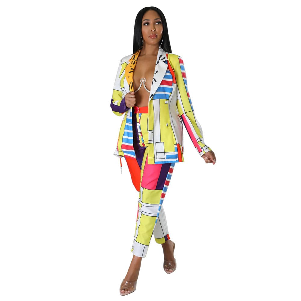 C1102TA82 New Design Office Casual Print Blazer Two Piece Pants Set For Women Sehe Fashion