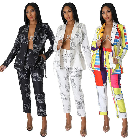 C1102TA82 New Design Office Casual Print Blazer Two Piece Pants Set For Women Sehe Fashion