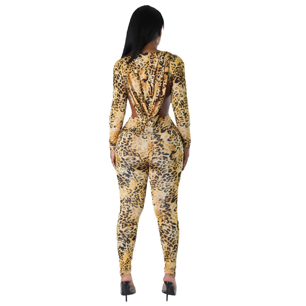 C1102TA83 High Quality Sexy Backless Leopard Print Hooded Bodycon One Piece Jumpsuit Women Sehe Fashion