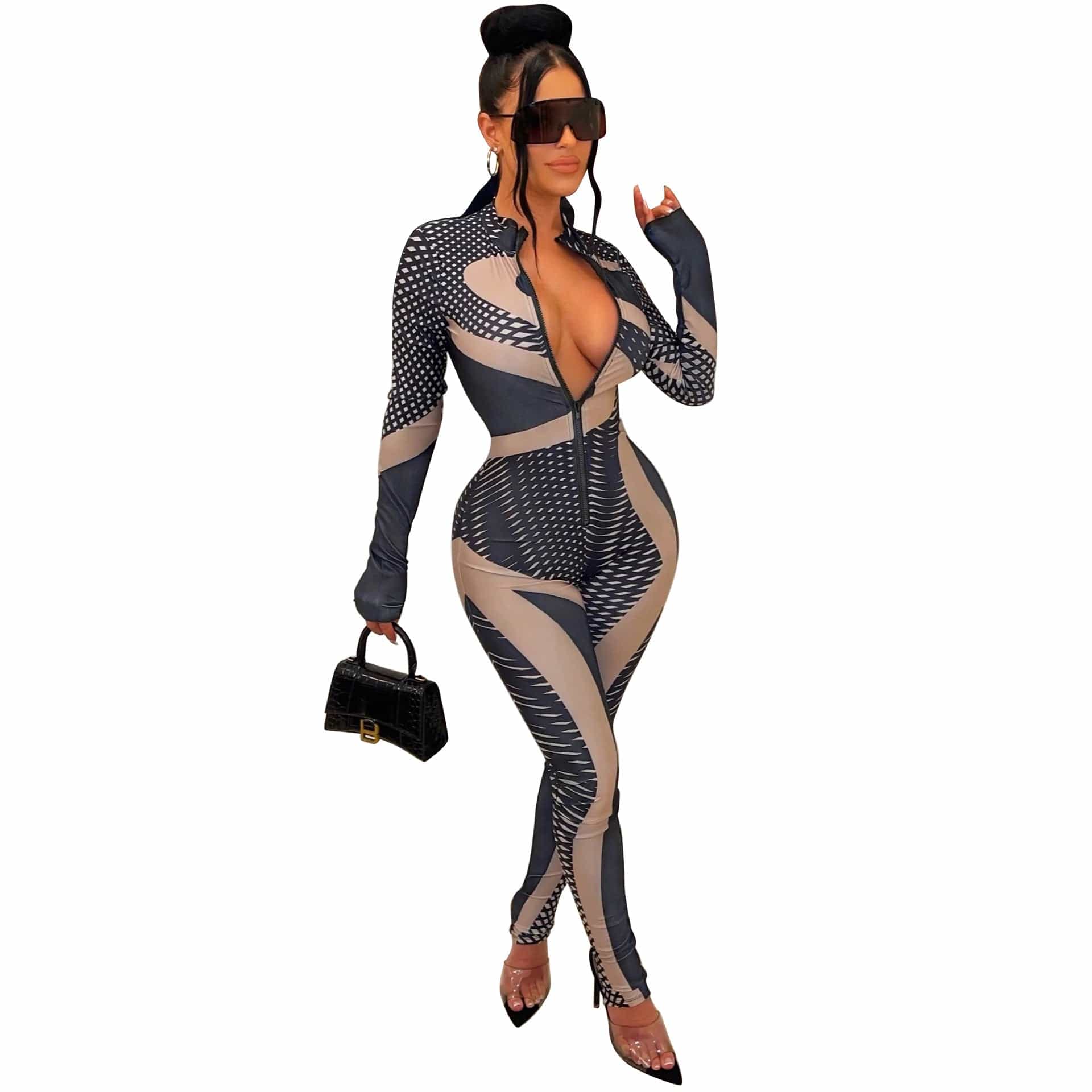 C1102TA85 High Quality Casual Long Sleeve Print Zipper Bodycon One Piece Jumpsuit Women Sehe Fashion